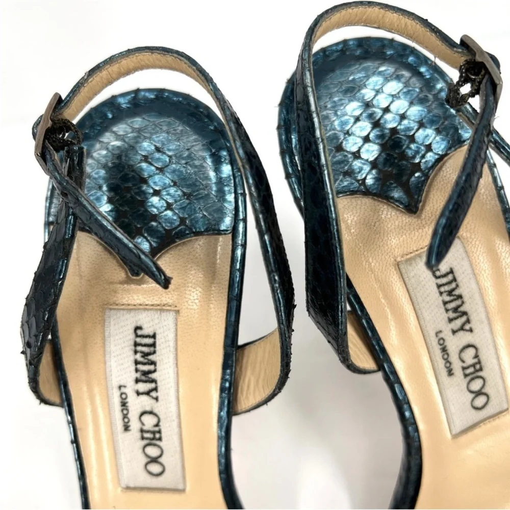 JIMMY CHOO Shoes Womens 38 Metallic Blue Snake Embossed Strappy Leather Sandal - Picture 14 of 14